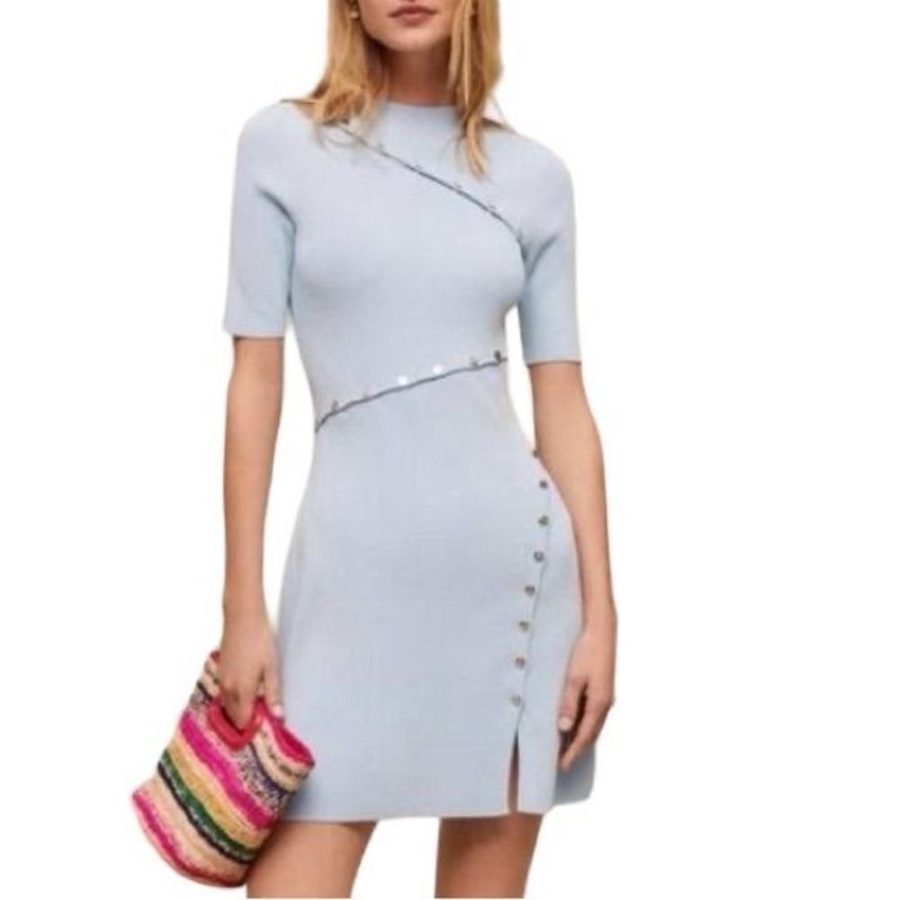 New Maje Light Blue Mini Dress with Button Accents